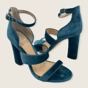 Vince Camuto Robeka Blue Velvet Fabric Strappy Buckle 4" Chunky Heel Sandal 5.5